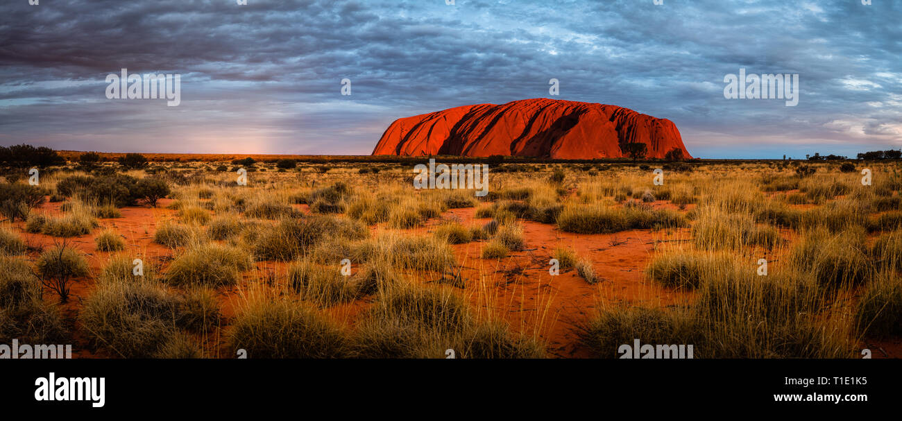 Sonnenuntergang wirft einen tief orange Glühen von ikonischen Uluru/Ayre rock. Stockfoto