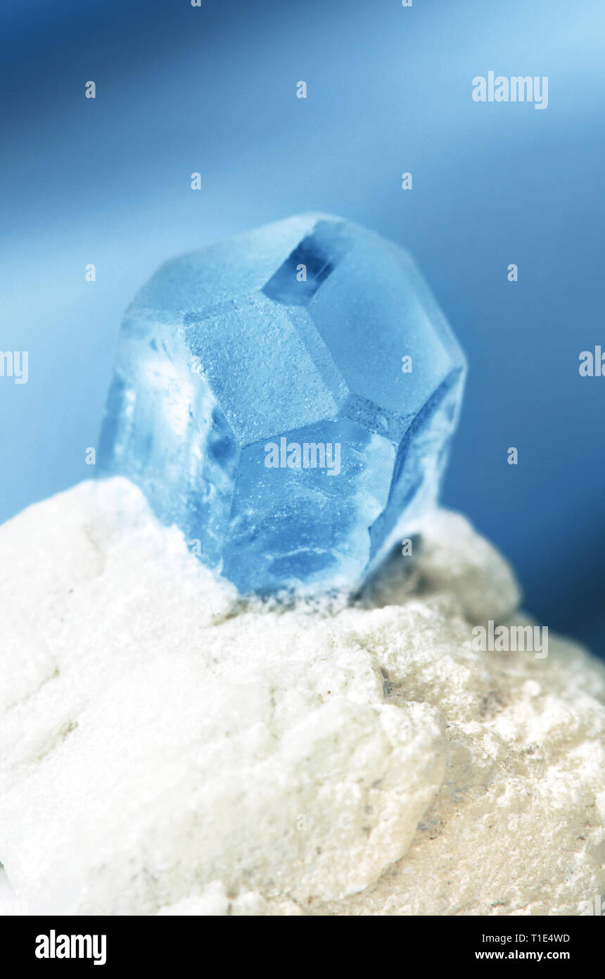 Blau aquamarin Edelstein in einem weißen Albit Matrix auf einem blauen Hintergrund Stockfoto