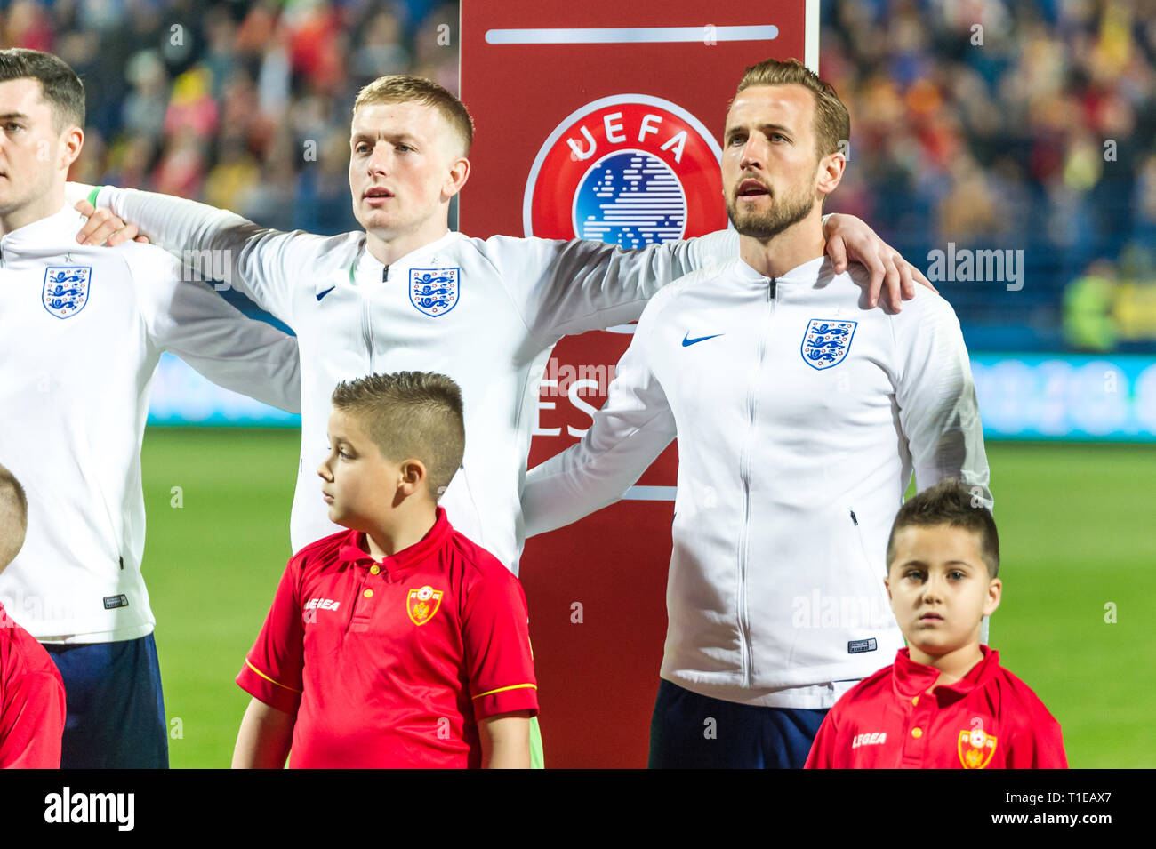 Podgorica, Montenegro. 26 Mär, 2019. Euro 2020 Qualifikation Gruppe A Harry Kane Kapitän und England national team auf Match gegen Montenegro Quelle: Stefan Ivanovic/Alamy leben Nachrichten Stockfoto