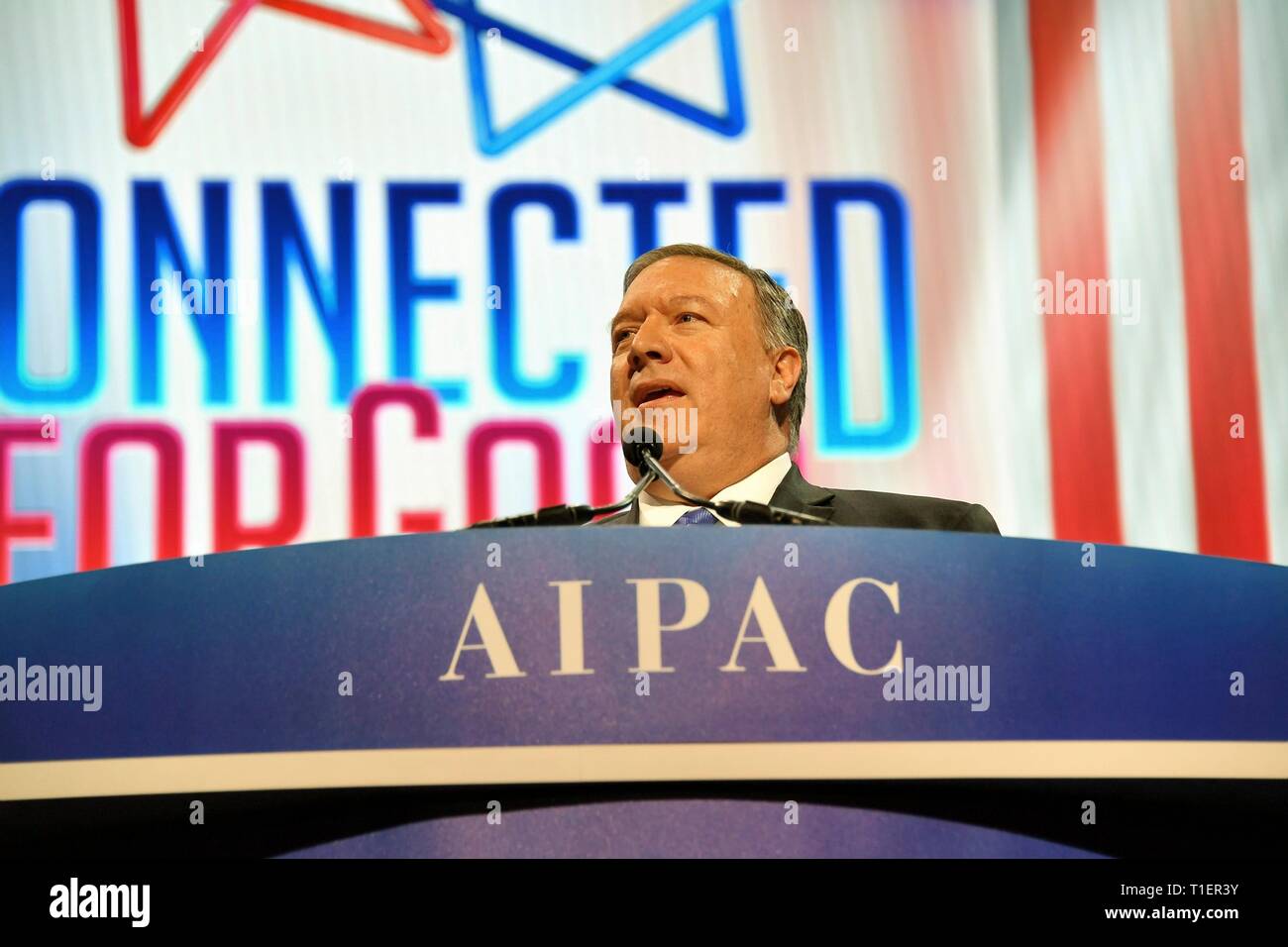 Us-Staatssekretär Mike Pompeo liefert Erläuterungen bei der Aipac-Konferenz am 25. März 2019 in Washington, D.C. Das American Israel Public Affairs Committee ist eine Interessenvertretung, die sich für pro-israelische Politik zu der Kongress und die Exekutive der Vereinigten Staaten. Stockfoto