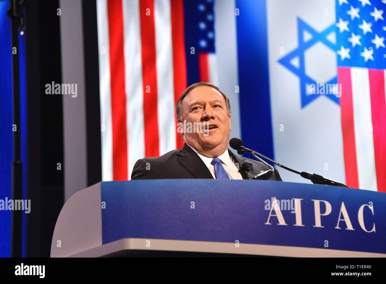 Us-Staatssekretär Mike Pompeo liefert Erläuterungen bei der Aipac-Konferenz am 25. März 2019 in Washington, D.C. Das American Israel Public Affairs Committee ist eine Interessenvertretung, die sich für pro-israelische Politik zu der Kongress und die Exekutive der Vereinigten Staaten. Stockfoto