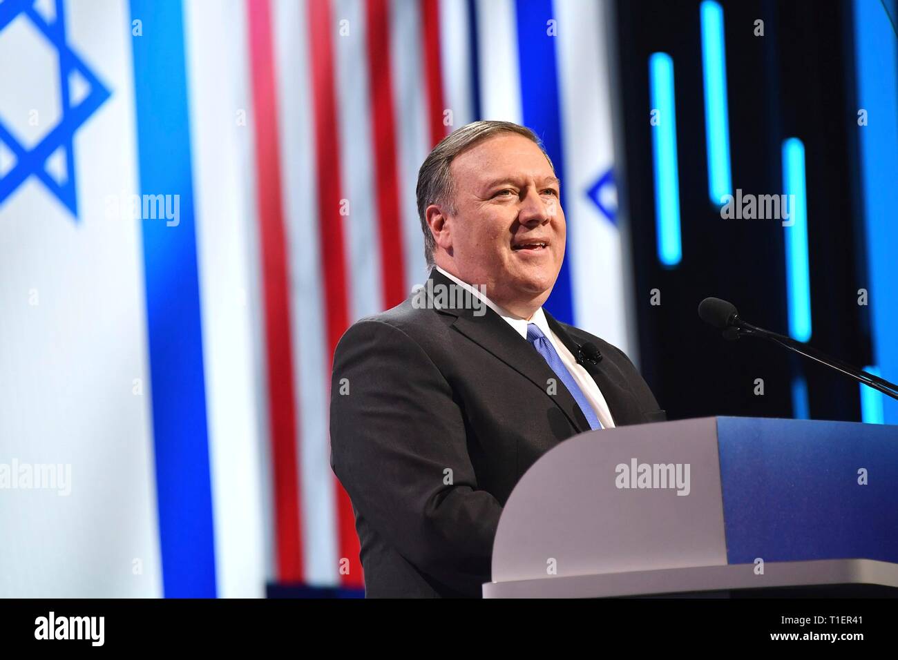 Us-Staatssekretär Mike Pompeo liefert Erläuterungen bei der Aipac-Konferenz am 25. März 2019 in Washington, D.C. Das American Israel Public Affairs Committee ist eine Interessenvertretung, die sich für pro-israelische Politik zu der Kongress und die Exekutive der Vereinigten Staaten. Stockfoto