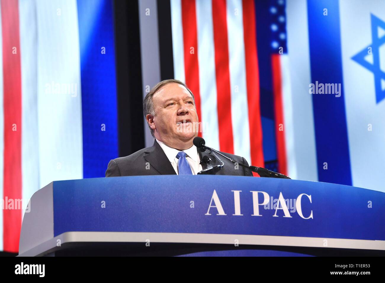 Us-Staatssekretär Mike Pompeo liefert Erläuterungen bei der Aipac-Konferenz am 25. März 2019 in Washington, D.C. Das American Israel Public Affairs Committee ist eine Interessenvertretung, die sich für pro-israelische Politik zu der Kongress und die Exekutive der Vereinigten Staaten. Stockfoto