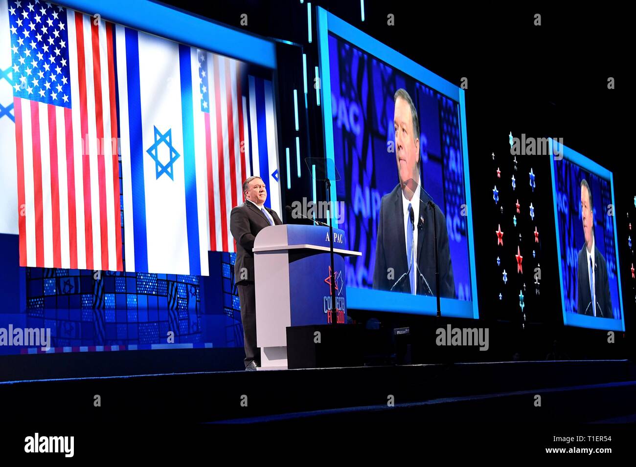 Us-Staatssekretär Mike Pompeo liefert Erläuterungen bei der Aipac-Konferenz am 25. März 2019 in Washington, D.C. Das American Israel Public Affairs Committee ist eine Interessenvertretung, die sich für pro-israelische Politik zu der Kongress und die Exekutive der Vereinigten Staaten. Stockfoto