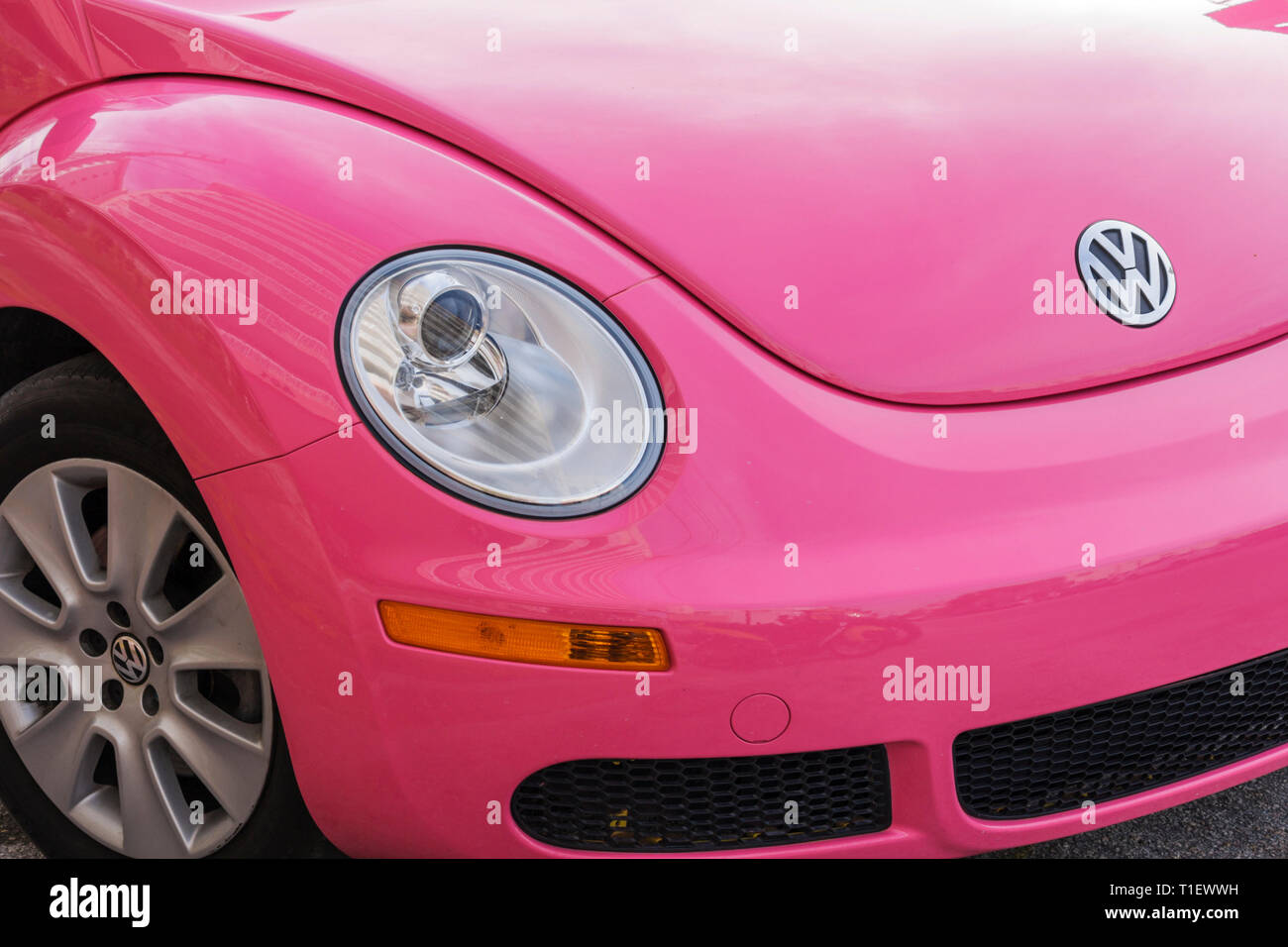 Miami Beach Florida, Automobil, Autos, Volkswagen, VW, Käfer, deutsche Technik, Rosa, Scheinwerfer, Stoßfänger, Kapuze, Logo, Besucher reisen Reise Reise-Tourist Stockfoto