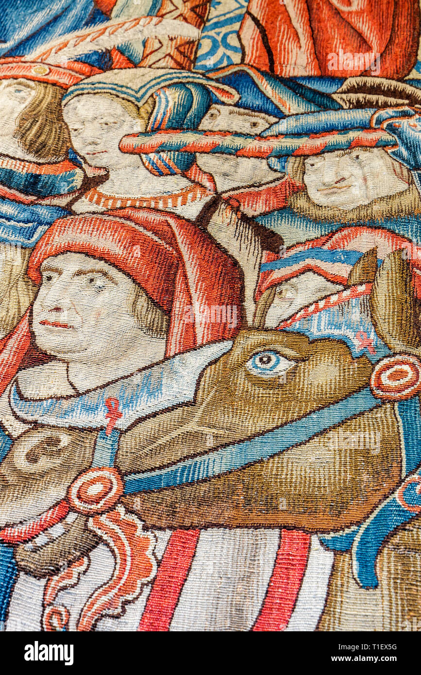 Miami Beach Florida, Bass Museum of Art, das Turnier, Wollteppich, sechzehnten Jahrhundert, Brüssel, Sammlung, Flämisch, Figuren, männlich, Pferd, weiblich, FL09031008 Stockfoto