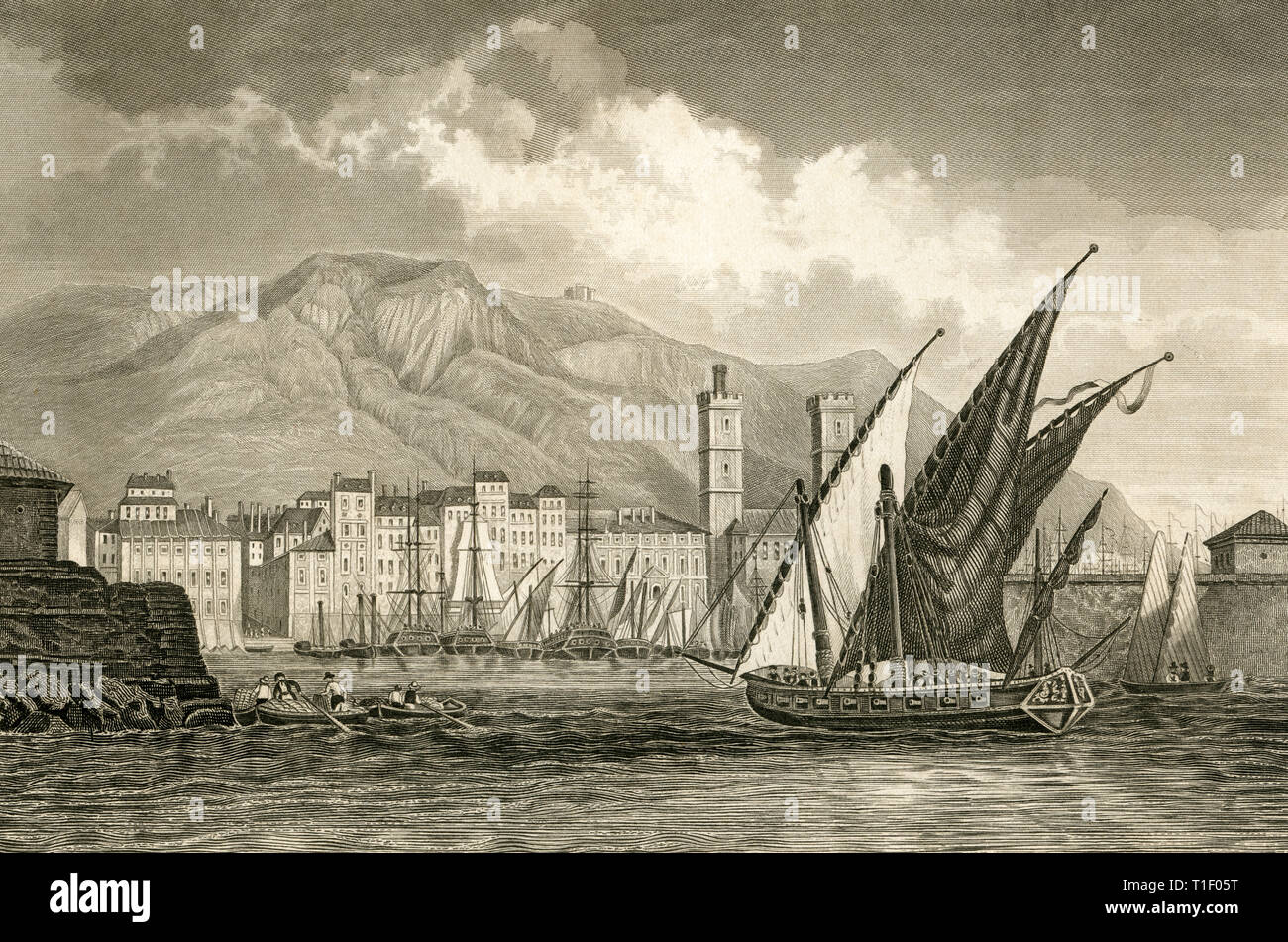 Frankreich, Toulon, Blick auf den Hafen und die Stadt, Stahlstich um 1850, Bibliographische Institut Hildburghausen., Artist's Urheberrecht nicht gelöscht werden Stockfoto