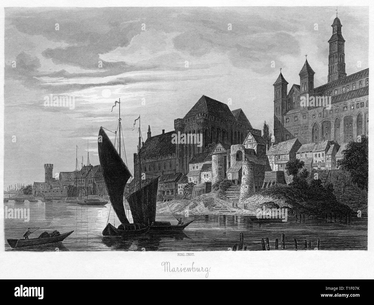 Polen, Woiwodschaft Pommern, Marienburg, im Vordergrund die Flu Nogat, Stahlstich aus dem Bibliographischen Institut, um 1850, Artist's Urheberrecht nicht gelöscht werden Stockfoto