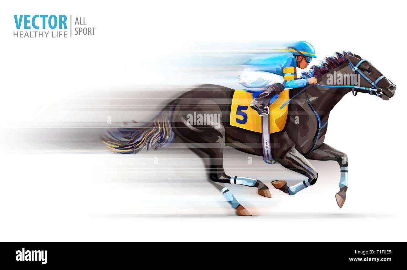 Jockey auf Racing Pferd. Champion. Das hippodrom. Rennstrecke. Reiten. Derby. Geschwindigkeit. Verschwommene Bewegung. Auf weissem Hintergrund. Vektor Stock Vektor
