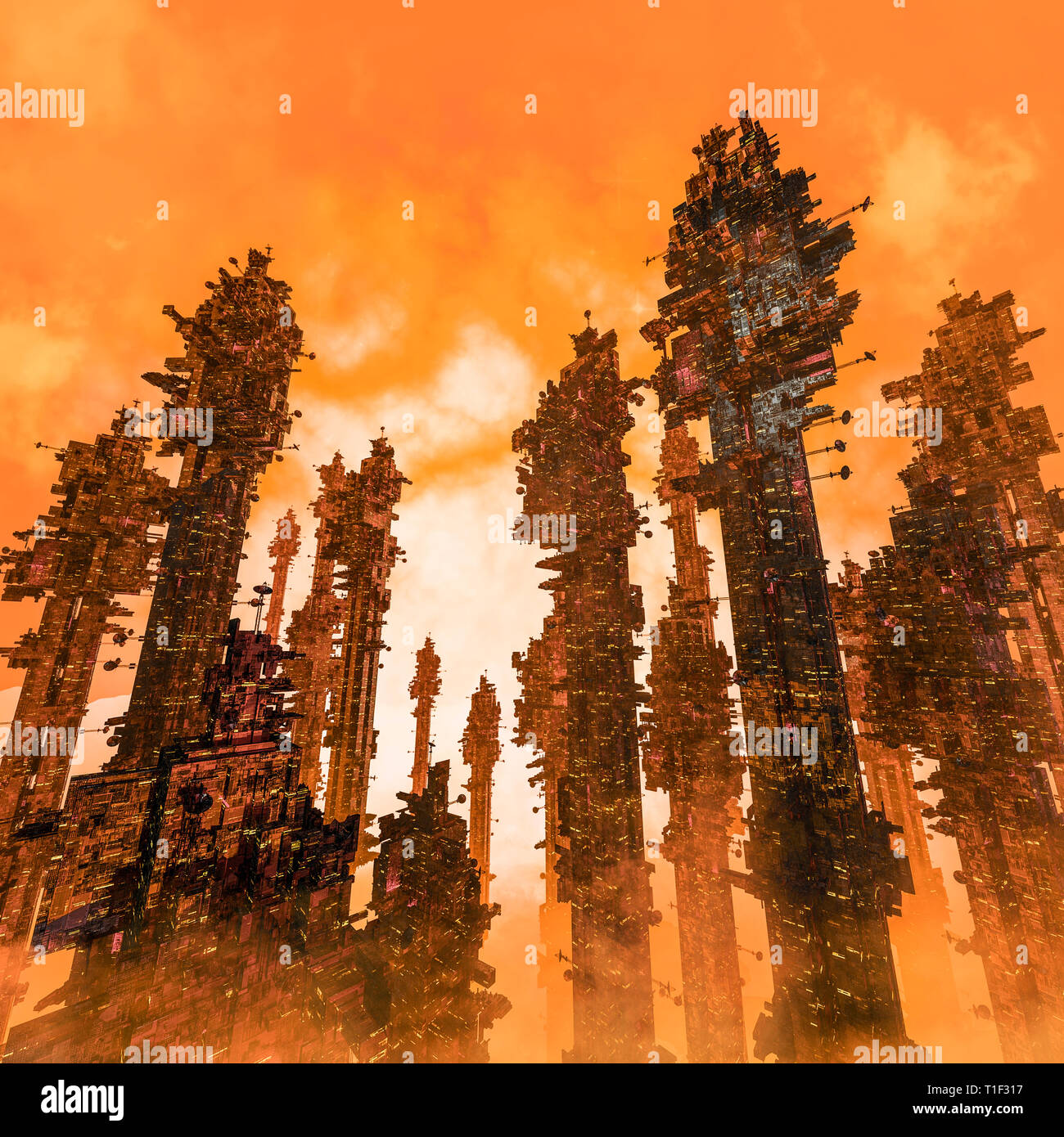 Bergbaukolonie Stadt-/3D-Darstellung der Dunklen futuristische Science-Fiction-Stadt auf hot Desert Planet Stockfoto
