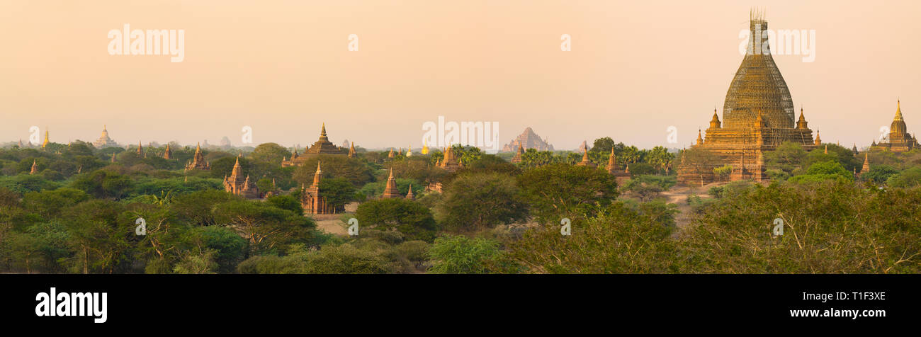 Herrlicher Panoramablick auf die Bagan antike Stadt (ehemals Heidnischen) während des Sonnenuntergangs. Die Bagan archäologische Zone ist ein Hauptanziehungspunkt in Myanmar. Stockfoto