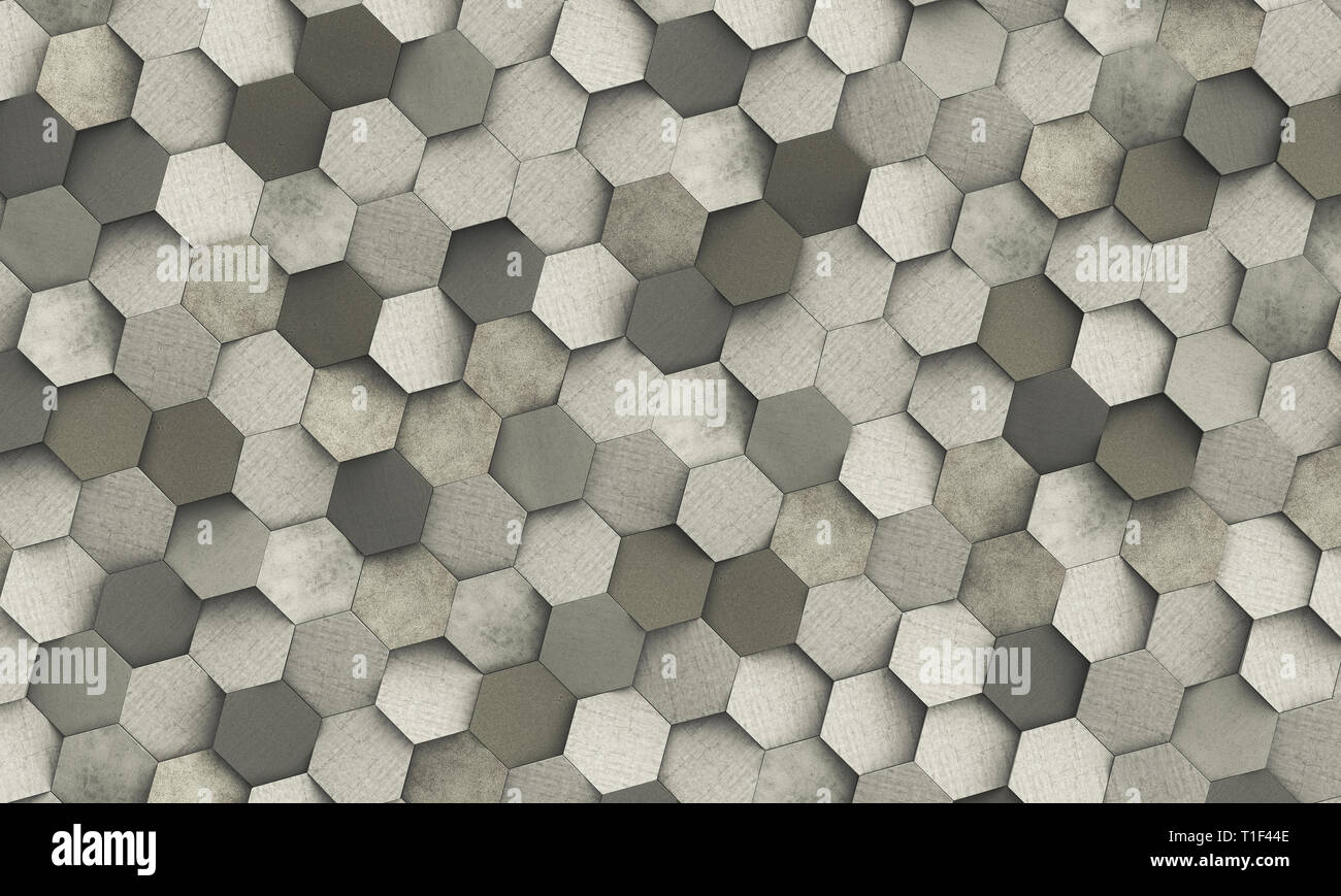3D-Render Bild, abstrakten geometrischen Hintergrund der sechseckige Formen mit verschiedenen Schattierungen der Farbe, Zement Material. Stockfoto