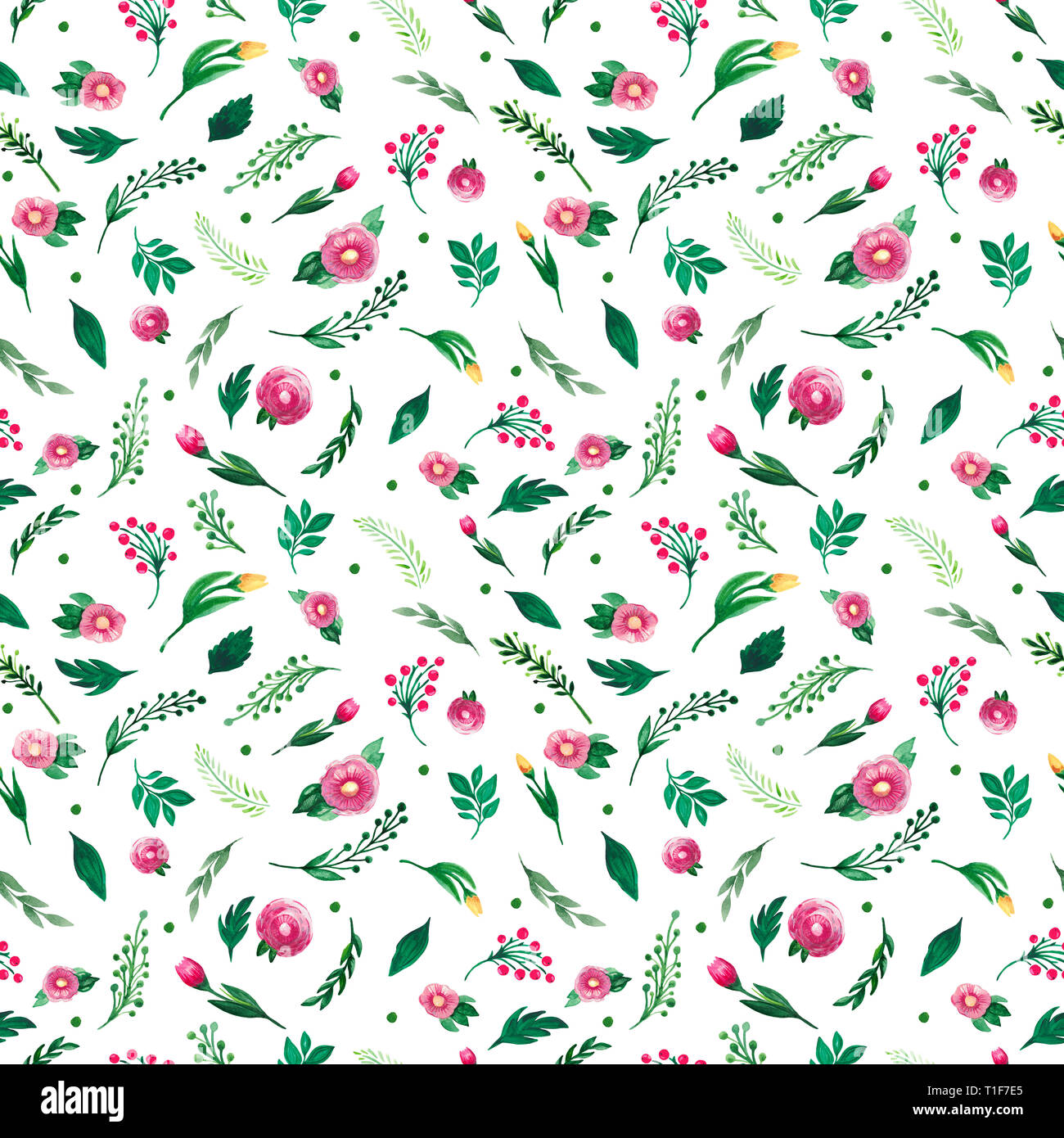 Nahtlose Muster botanischen Blumen Aquarell Abbildung. Rot Blumen und grüne Blätter auf weißem Hintergrund. Stockfoto