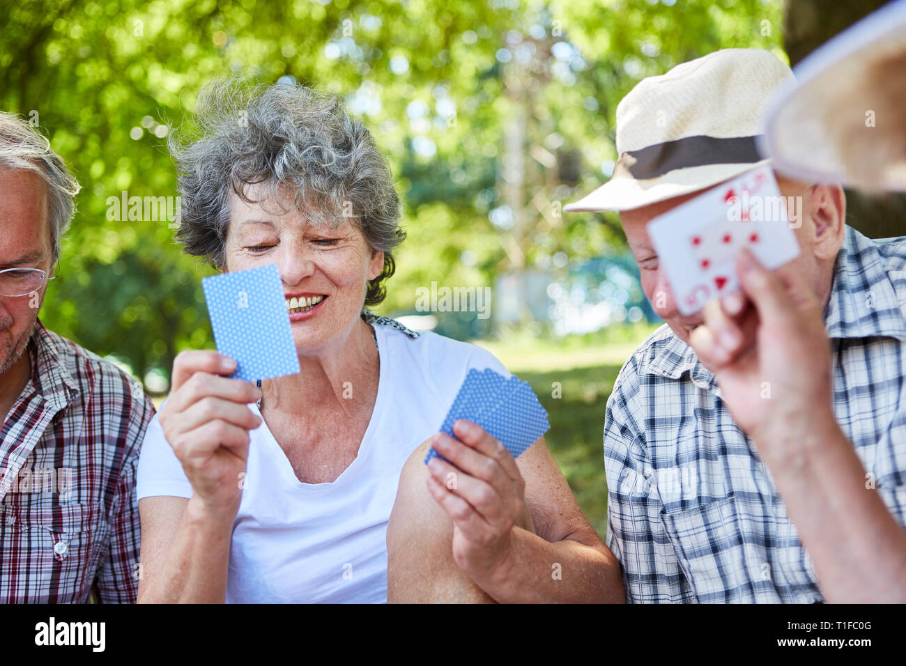 Senioren spielen Karten zusammen in den Park zum Entspannen oder den Wettbewerb Stockfoto