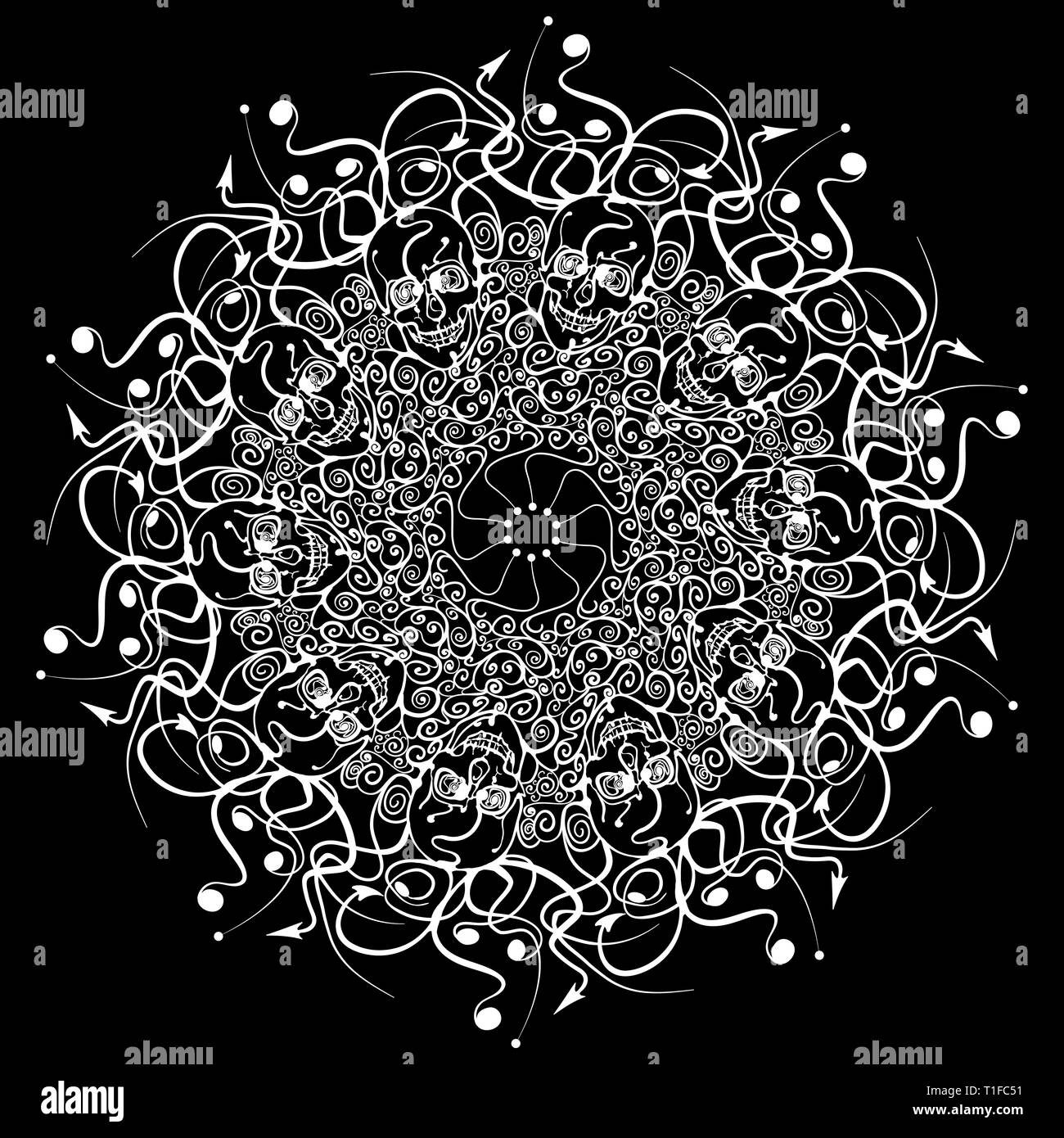 Vektor Muster. Runde verzierten. Die Schädel im Muster. Halloween. Eine stilvolle Dekoration. Moderne Skizze. Ethnische symmetrische Muster. Stockfoto