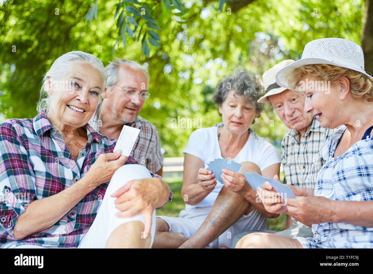 Gruppe der pensionierte ältere Freunde Karten spielen im Park im Sommer Stockfoto