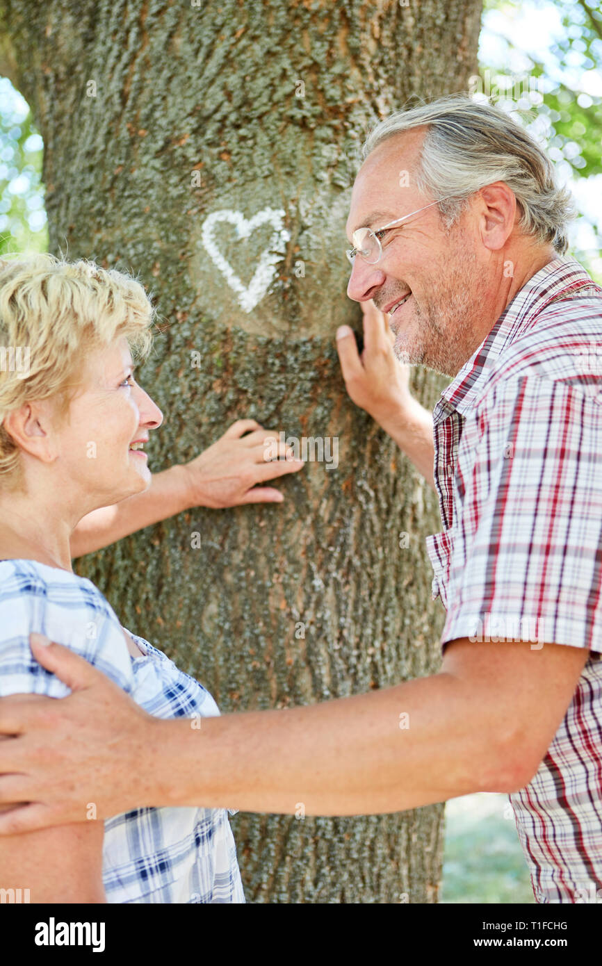 Romantische senior Paar vor einem Baum mit Kreide Herz als Symbol der Liebe Stockfoto