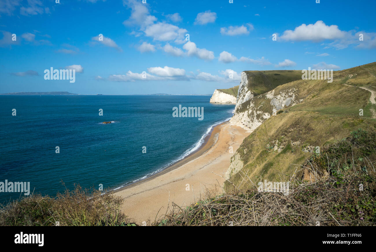 Man O' War Strand 'Jurassic Coast", auf der Suche nach Fledermäusen den Kopf an einem sonnigen Tag Stockfoto