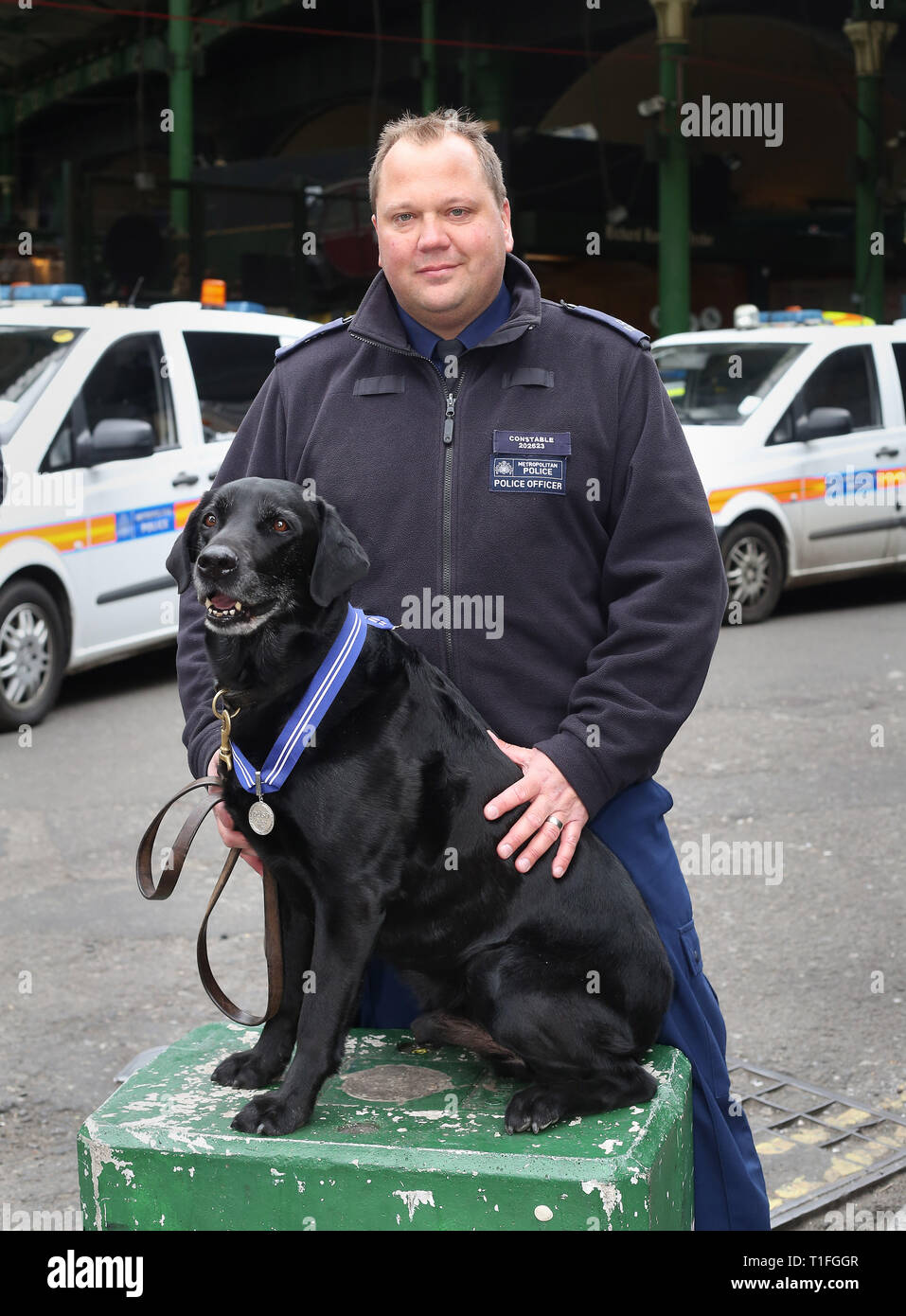 PD Dave, Explosive Detection Hund, mit handler PC Andy Salter erhält die PDSA Verdienstordens, für Terror Angriff heroics. Er ist einer der sieben Helden Polizei Hunde eine Auszeichnung für die Hilfe Notdienste während der 2017 London Terroranschläge auf die Westminster Bridge, London Bridge und Borough Market. Stockfoto