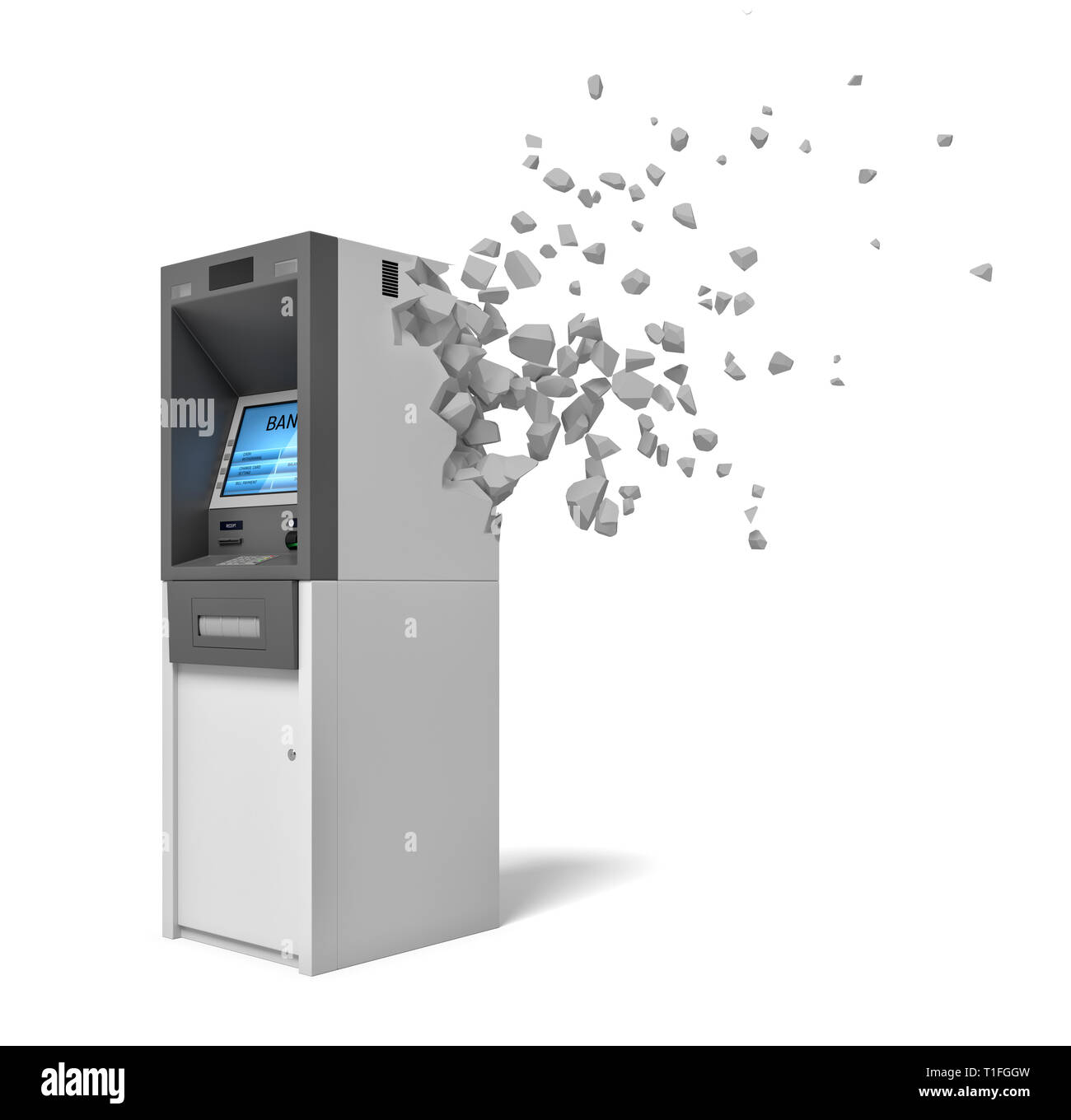 3D-Rendering von weißer und grauer ATM beginnend in Stücke von seiner Rückseite auf weißem Hintergrund zu lösen. Stockfoto