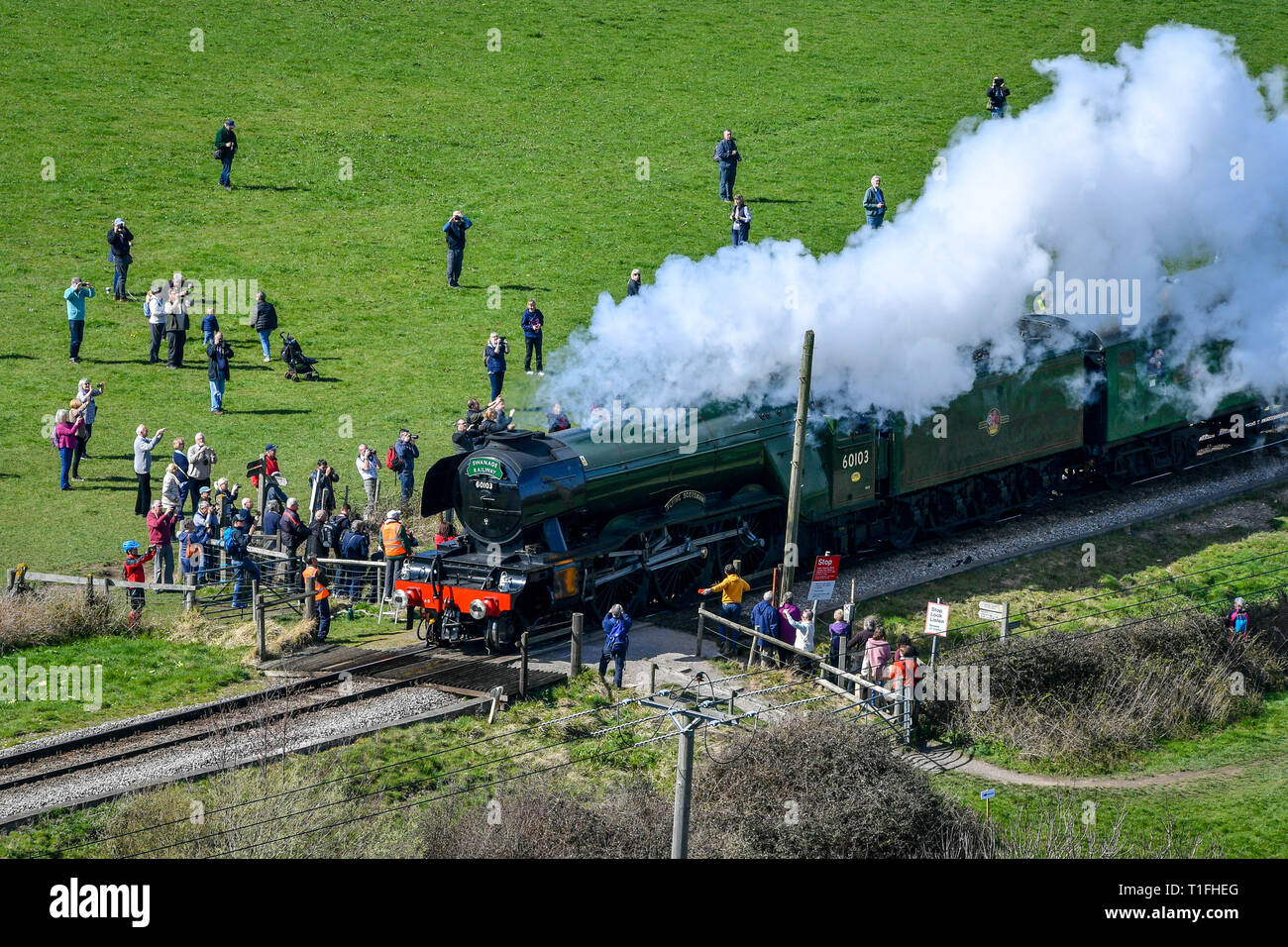 Die Leute, um zu Fotografieren die Flying Scotsman Dampflokomotive, wie es von Corfe Castle auf dem Weg verläuft im hellen Sonnenschein zu Swanage als Temperaturen gesetzt sind in ganz Großbritannien in dieser Woche zu erhöhen. Stockfoto