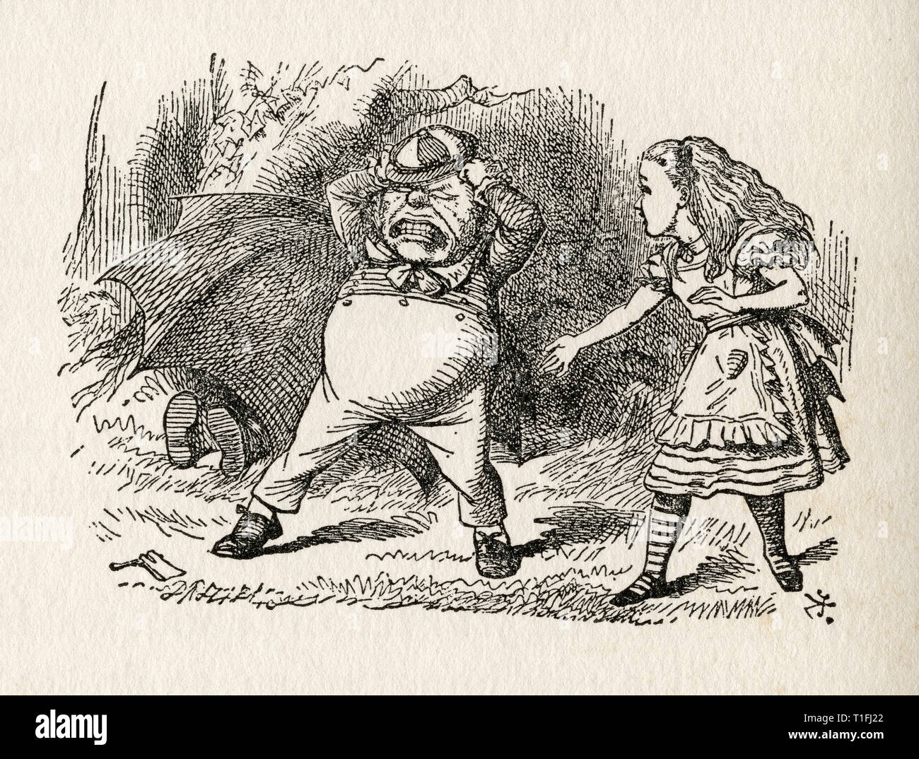 Alice und Tweedledum. Abbildung von Sir John Tenniel, (1820 - 1914). Aus dem Buch Durch den Spiegel und was Alice dort fand, Lewis Carroll, veröffentlicht London, 1912. Stockfoto