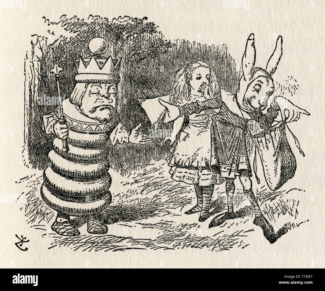 Alice mit dem weissen König und Hasius. Abbildung von Sir John Tenniel, (1820 - 1914). Aus dem Buch Durch den Spiegel und was Alice dort fand, Lewis Carroll, veröffentlicht London, 1912. Stockfoto