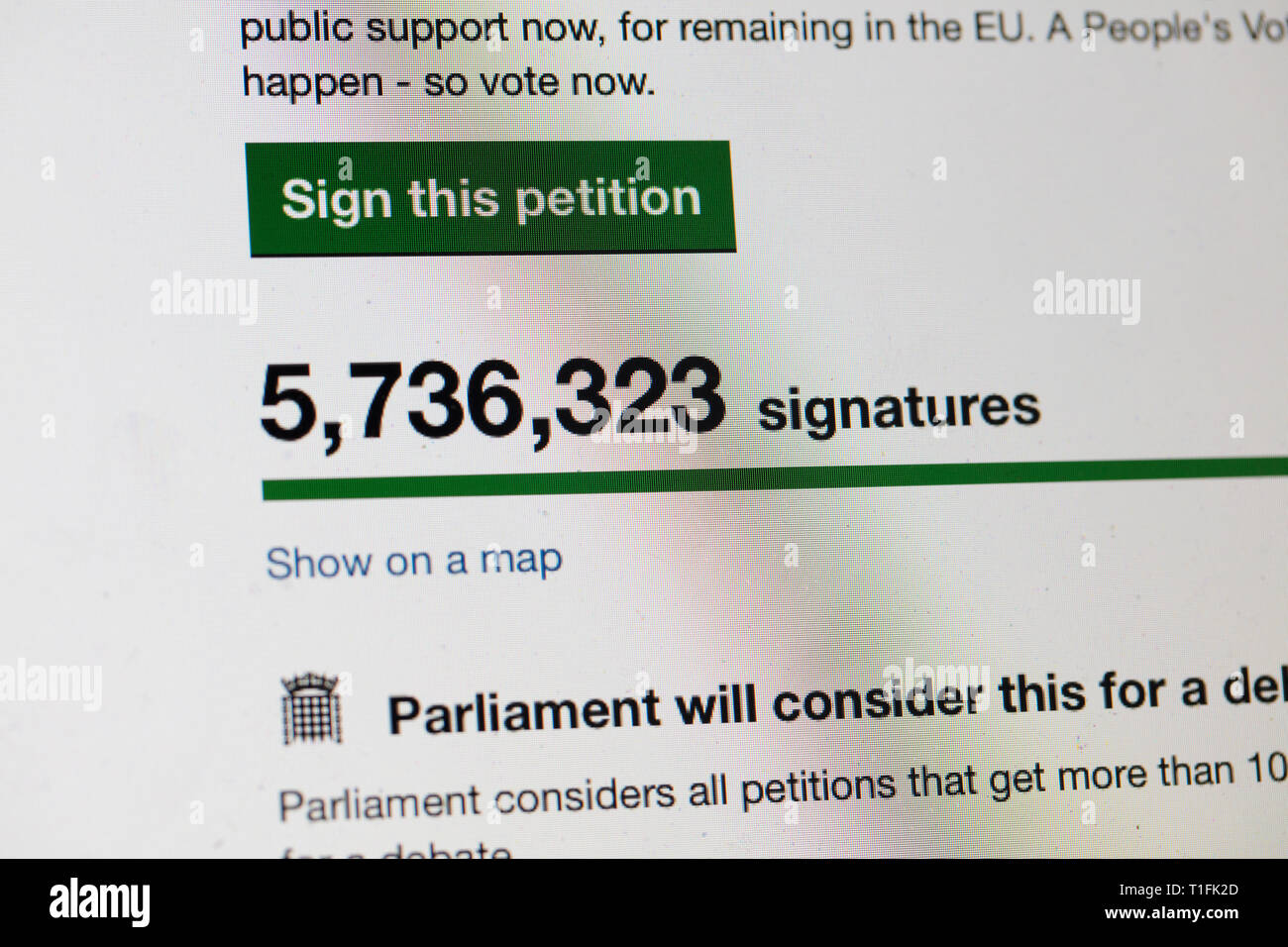 LONDON, UK, 26. März 2019: Online Petition zu Artikel 50 widerrufen und überdenken brexit hat über 5 Million Unterschriften Stockfoto