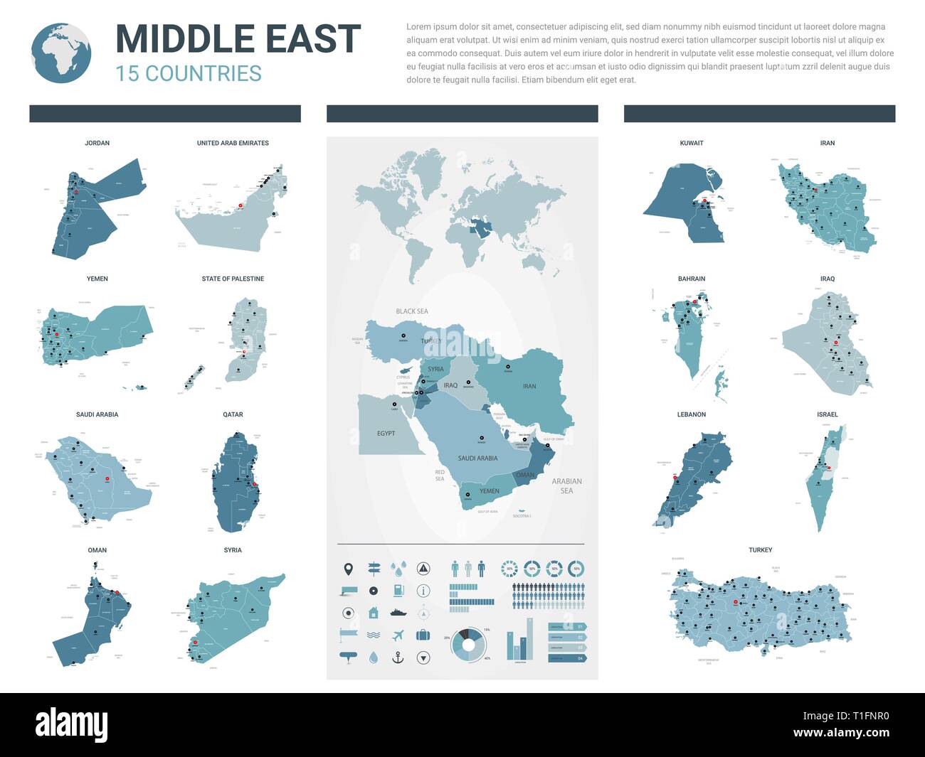 Vektor Karten festlegen. High Ausführliche 15 Karten von Ländern des Nahen Ostens mit administrativen Teilung und Städte. Politische Karte, Karte der Region des Nahen und Mittleren Ostens, Stock Vektor
