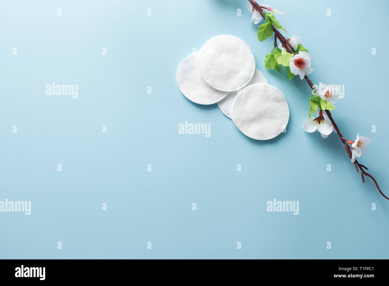 Wattepads zum Entfernen Make-up mit weißen Blüten auf blauem Hintergrund flatlay Stockfoto