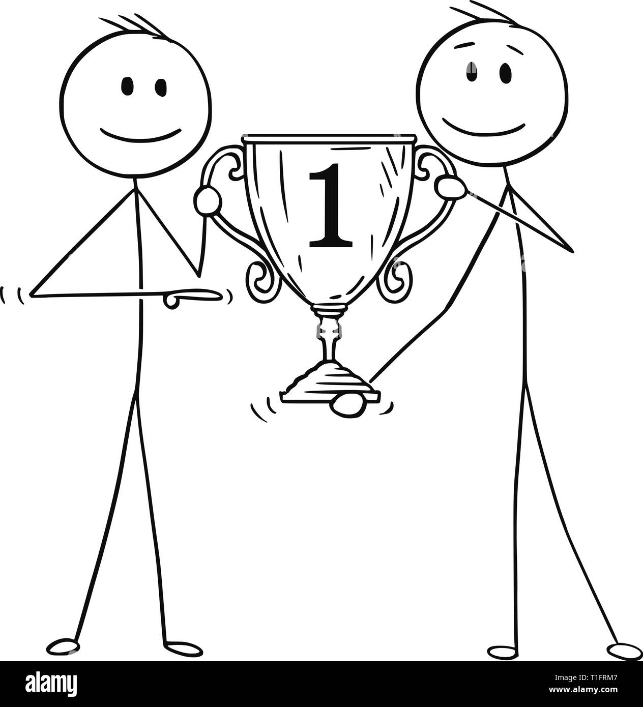 Cartoon Strichmännchen Zeichnung konzeptuelle Abbildung von zwei Männern oder Geschäftsleute, die Nummer eins der Trophy Pokal für Gewinner. Business Konzept von Erfolg und Wettbewerb. Stock Vektor