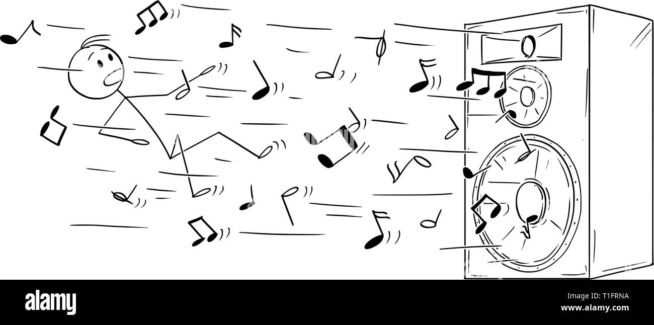 Cartoon Strichmännchen Zeichnen konzeptionelle Darstellung des Menschen und große Lautsprecher oder Lautsprecher, Schlag ihn weg durch laute Musik oder Sound von Flying notes vertreten. Stock Vektor