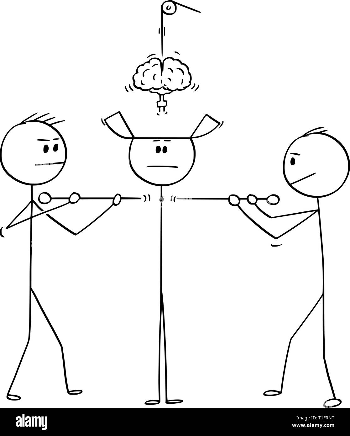 Cartoon Strichmännchen Zeichnung konzeptuelle Abbildung von zwei Techniker konstruieren oder Zusammenfügen von Mensch oder Mensch von Teilen. Stock Vektor
