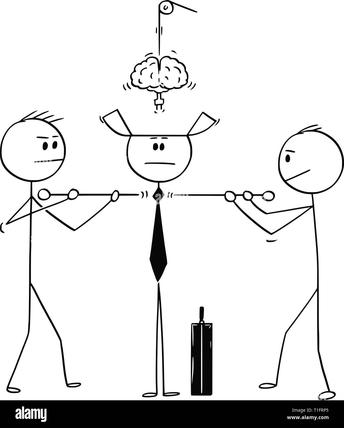 Cartoon Strichmännchen Zeichnung konzeptuelle Abbildung von zwei Techniker konstruieren oder Zusammenfügen Geschäftsmann oder Politiker von Teilen. Stock Vektor