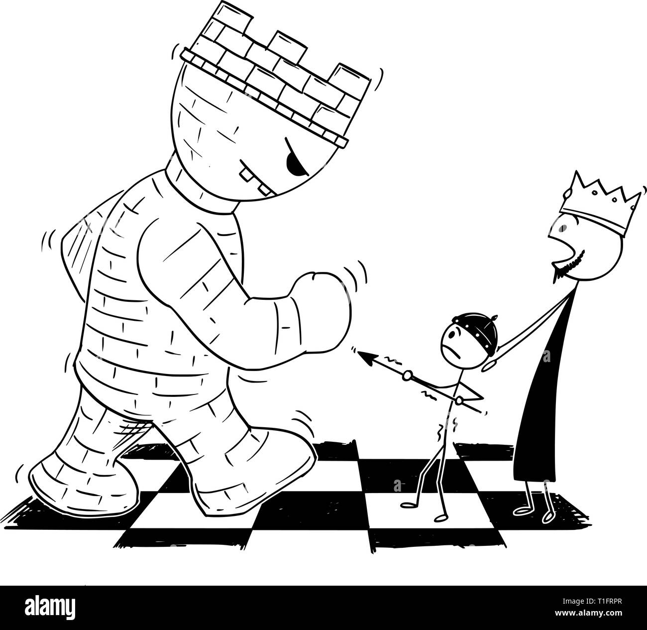 Cartoon Strichmännchen Zeichnung konzeptuelle Abbildung: schwarz Chess king gefährdet durch die riesigen Turm oder rook und Senden von kleinen Bauern in den Kampf um ihn zu verteidigen. Metapher der Macht und Verantwortung. Stock Vektor