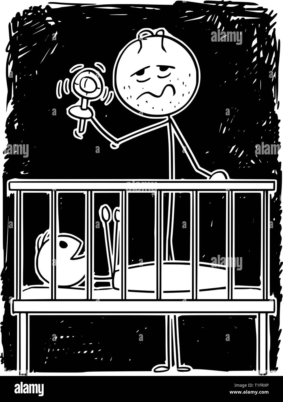 Cartoon Strichmännchen Zeichnung konzeptuelle Abbildung: müde Eltern oder Vater unterhaltsam Baby im Kinderbett in der Nacht mit Rassel. Stock Vektor