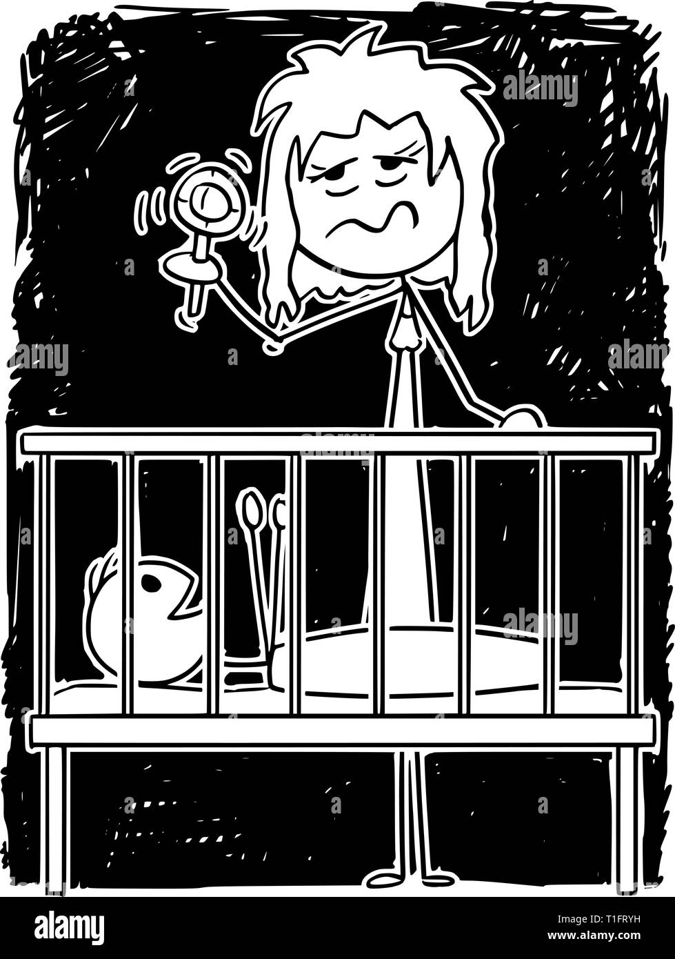 Cartoon Strichmännchen Zeichnung konzeptuelle Abbildung: müde Eltern oder Mutter unterhalten Baby im Kinderbett in der Nacht mit Rassel. Stock Vektor