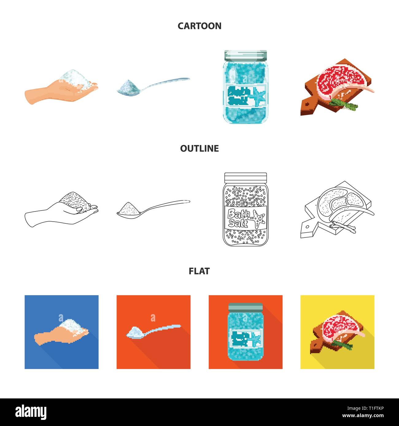 Arm, Löffel, Flaschen, Fleisch, Handvoll, salzig, Board,, Bath, Spa, Restaurant, Gewürze, Vintage, Streuen, Pulver, weiß, Mehl, sauber, Picknick, kochen, Meer, Natur, Backen, Salz, Nahrungsmittel-, Natrium-, Mineral, Raw, Küche, Set, Vector, Icon, Illustration, isoliert, Sammlung, Design, Element, Grafik, Zeichen, Vektor, Vektoren, Stock Vektor