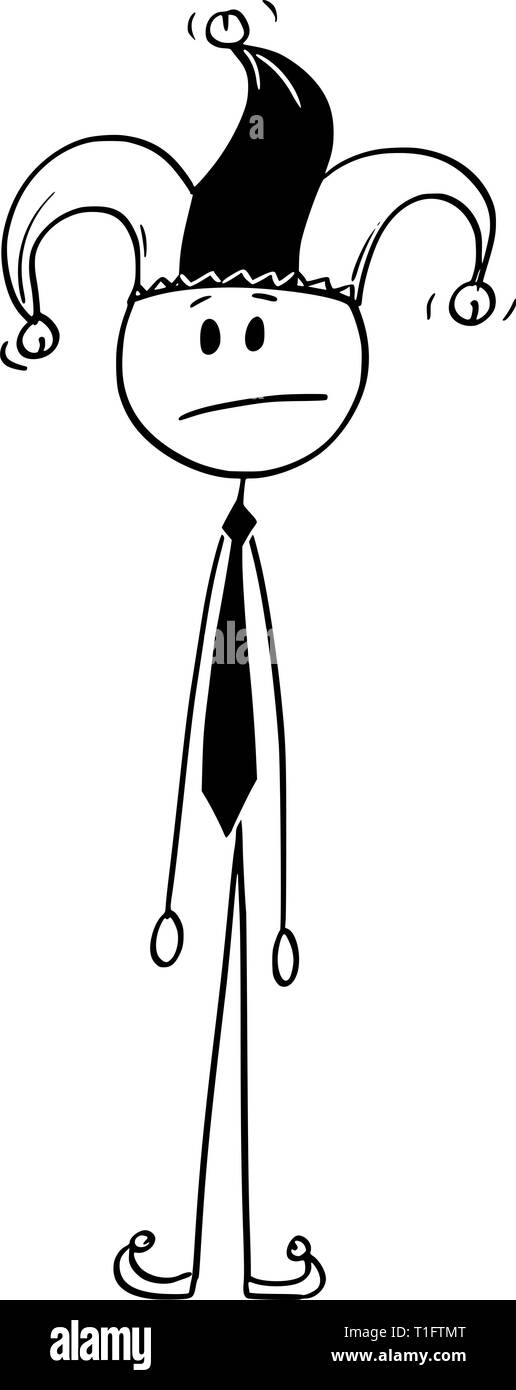 Cartoon Strichmännchen Zeichnung konzeptuelle Abbildung: frustrierter Mann oder Geschäftsmann in Jester oder Dummkopf Kostüm. Die Metapher der dummen Fehler. Stock Vektor