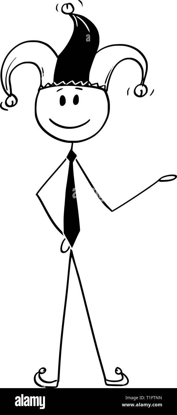 Cartoon Strichmännchen Zeichnen konzeptionelle Darstellung der lächelnden Mann oder Geschäftsmann in Hofnarr Kostüm anbieten oder etwas zu zeigen. Stock Vektor