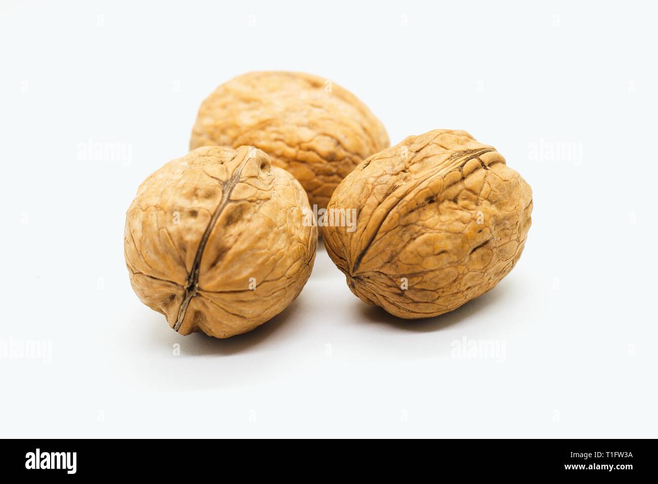 Drei ganze Walnüsse auf weißem Hintergrund Stockfoto