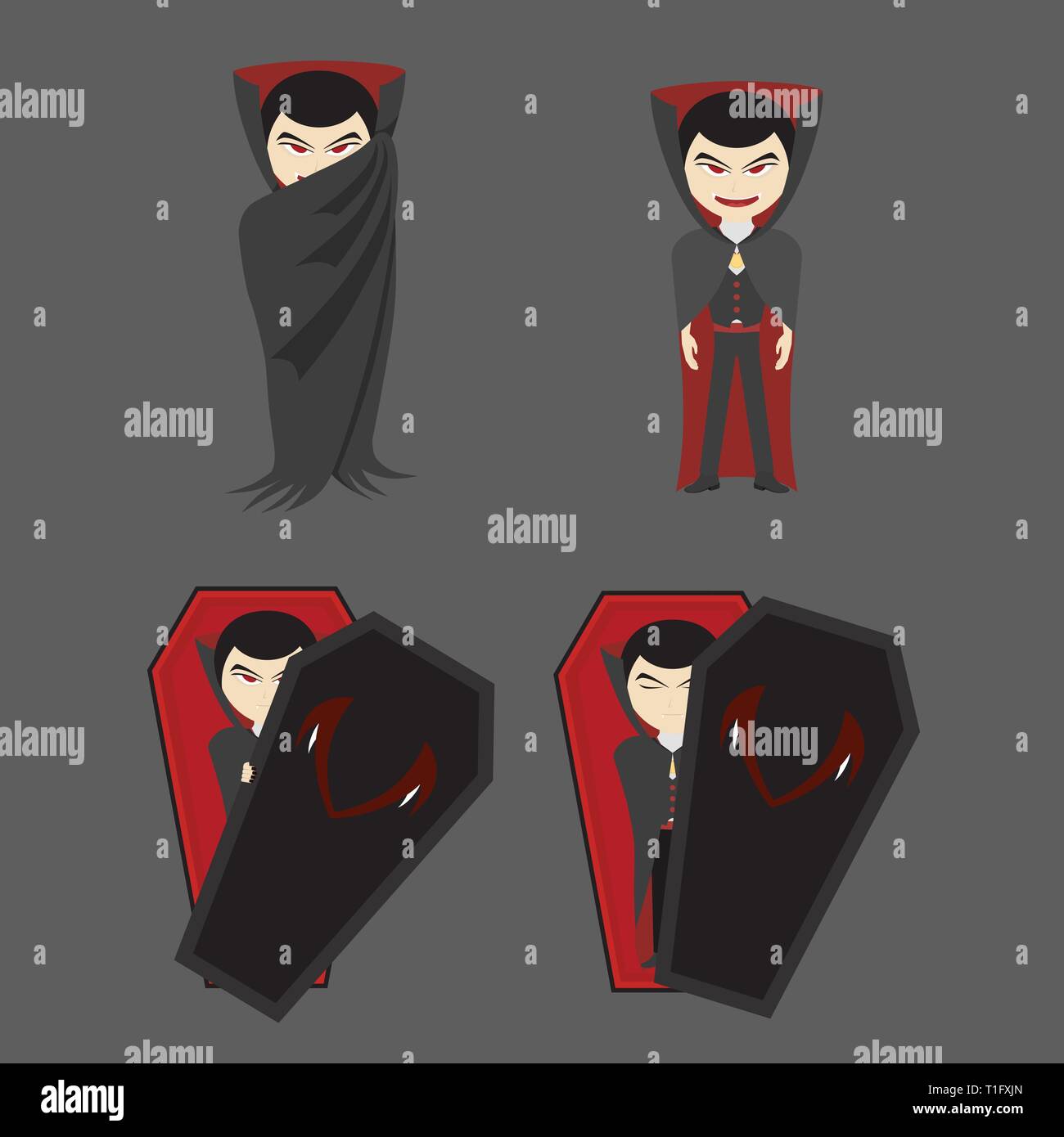 Eine Einstellung der Vampir mit roten Augen, die schwarzen Roben und Särge für eine Halloween Party, Vampir Illustration, flachen Design verwenden Stock Vektor
