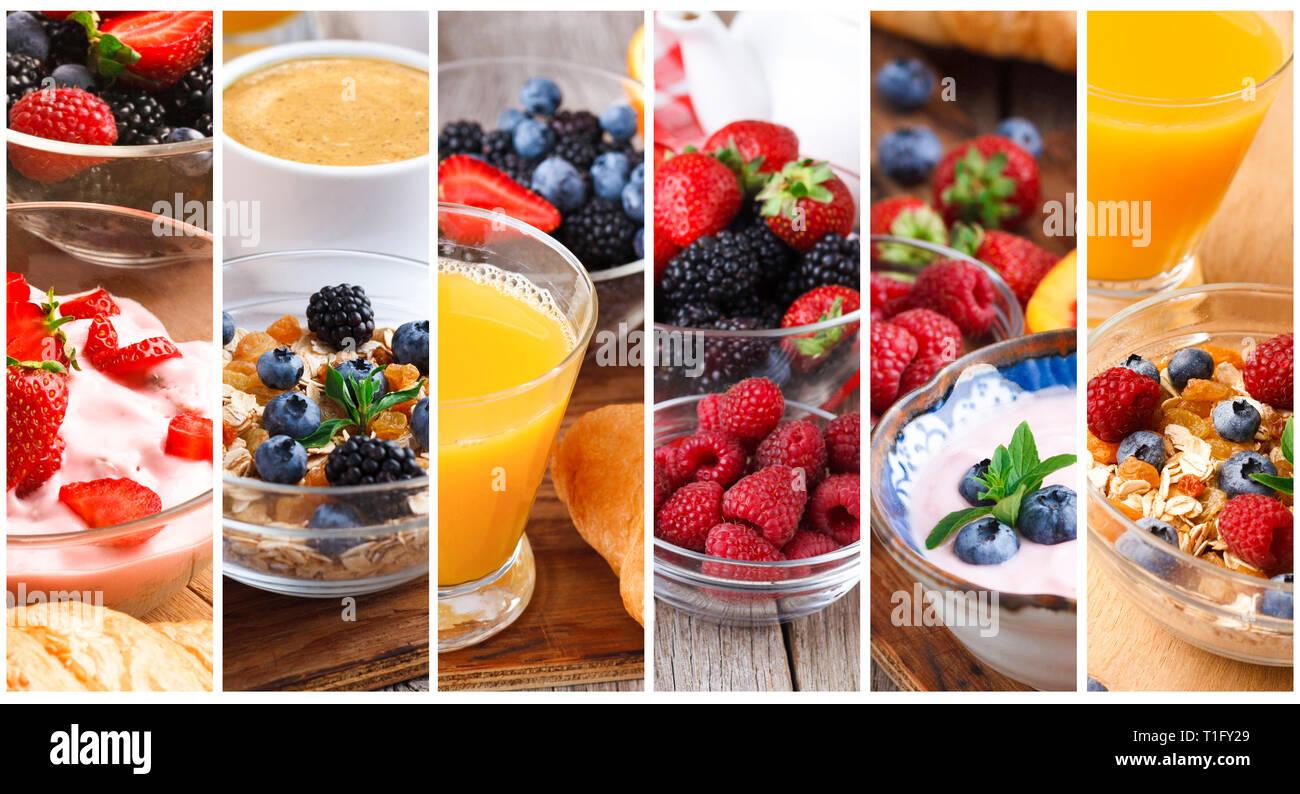 Collage von leckeren Haferbrei mit Früchten und Beeren Stockfoto
