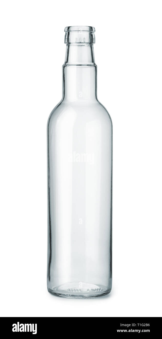 Vorderansicht des leeren Glas Flasche isoliert auf weißem Stockfoto