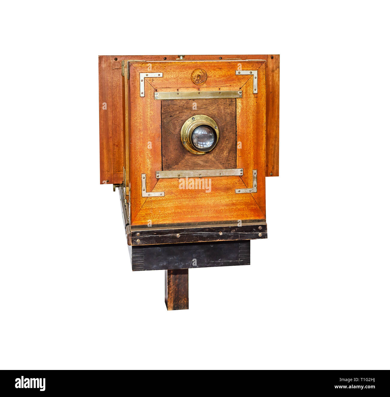 Alte vintage Holz Foto Kamera isoliert auf einem weißen. Stockfoto