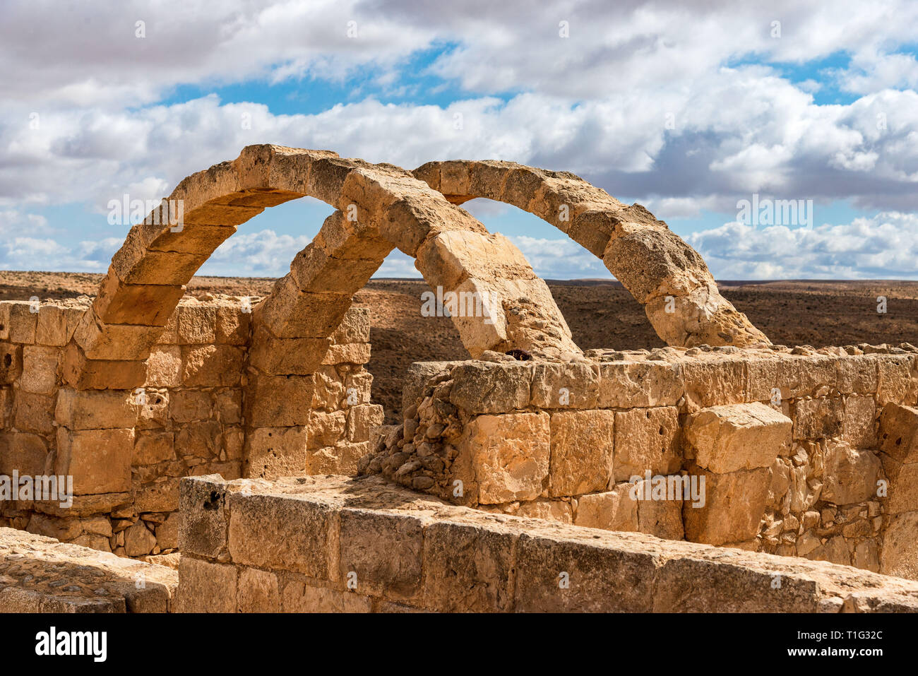 AVDAT, Israel/Feb 19, 2018: Die Ruinen dieser christlichen Nabatäischen Stadt in der israelischen Wüste Negev, verlassen, nach dem 7. Jahrhundert muslimischen Eroberung. Stockfoto