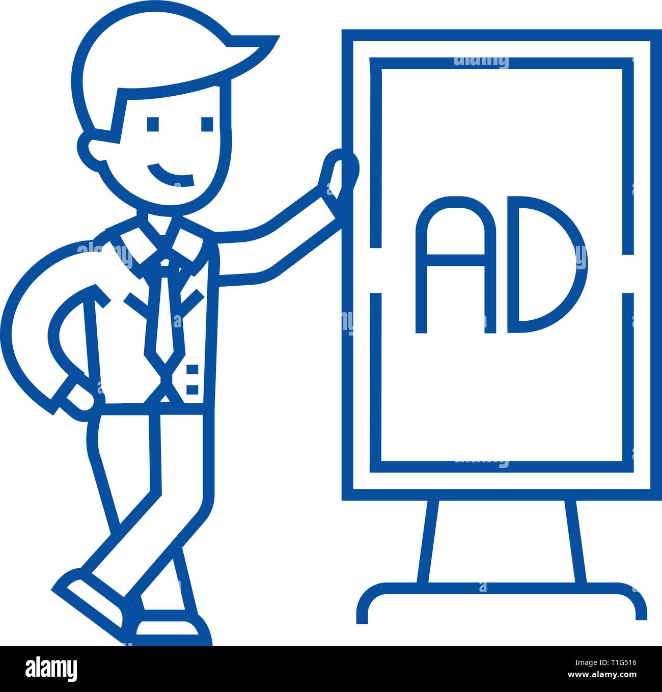Geschäftsmann mit Promo stand Symbol Leitung Konzept. Geschäftsmann mit Promo stand Flachbild vektor Symbol, Zeichen, umriss Abbildung. Stock Vektor