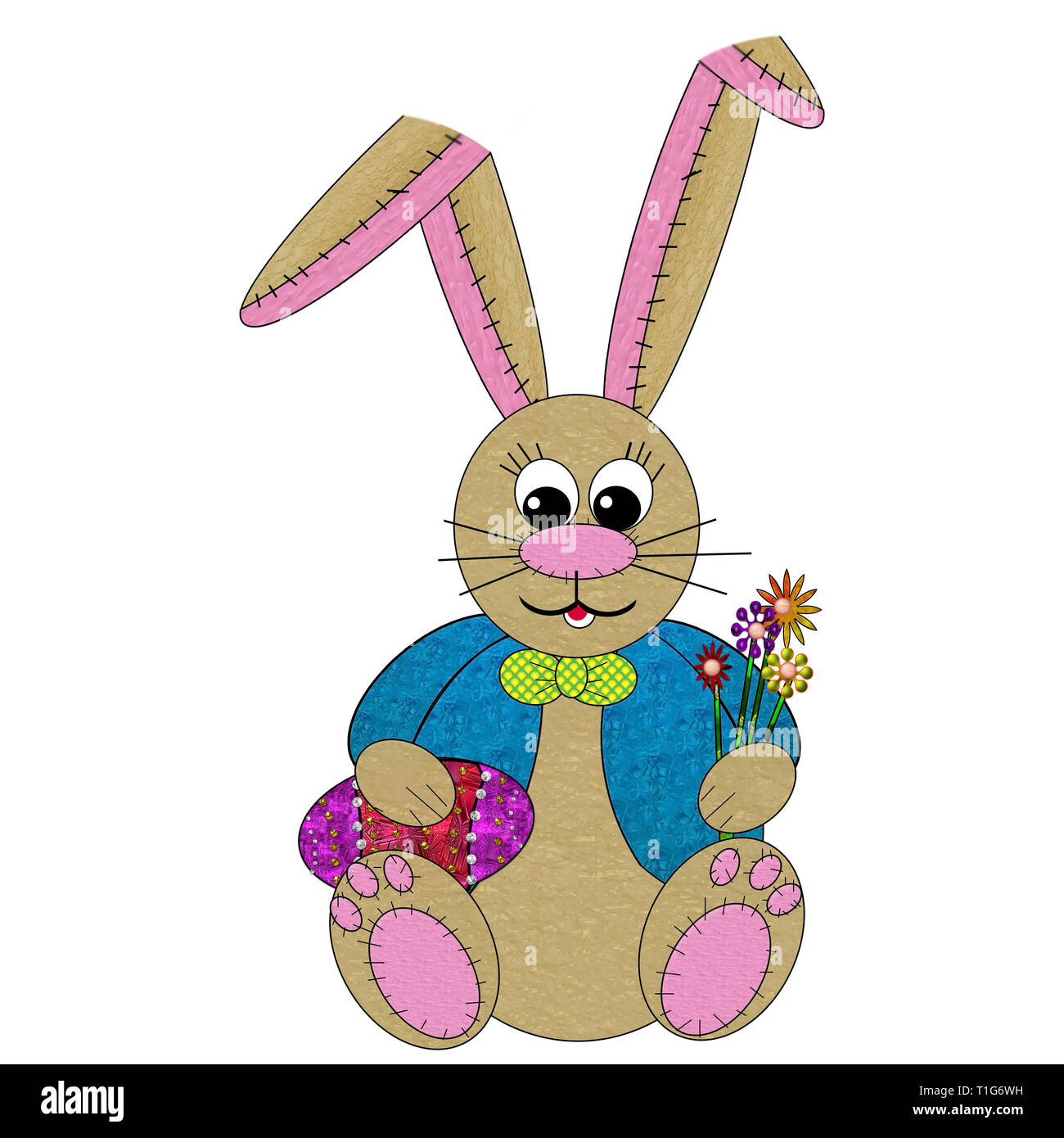 Grafik Stofftier Hase Kaninchen mit riesigen Ohren tragen, Blumen, Schokolade bunny oder Osterei. Ein Bild Hasen sitzen auf Patchwork Quilt. Stockfoto