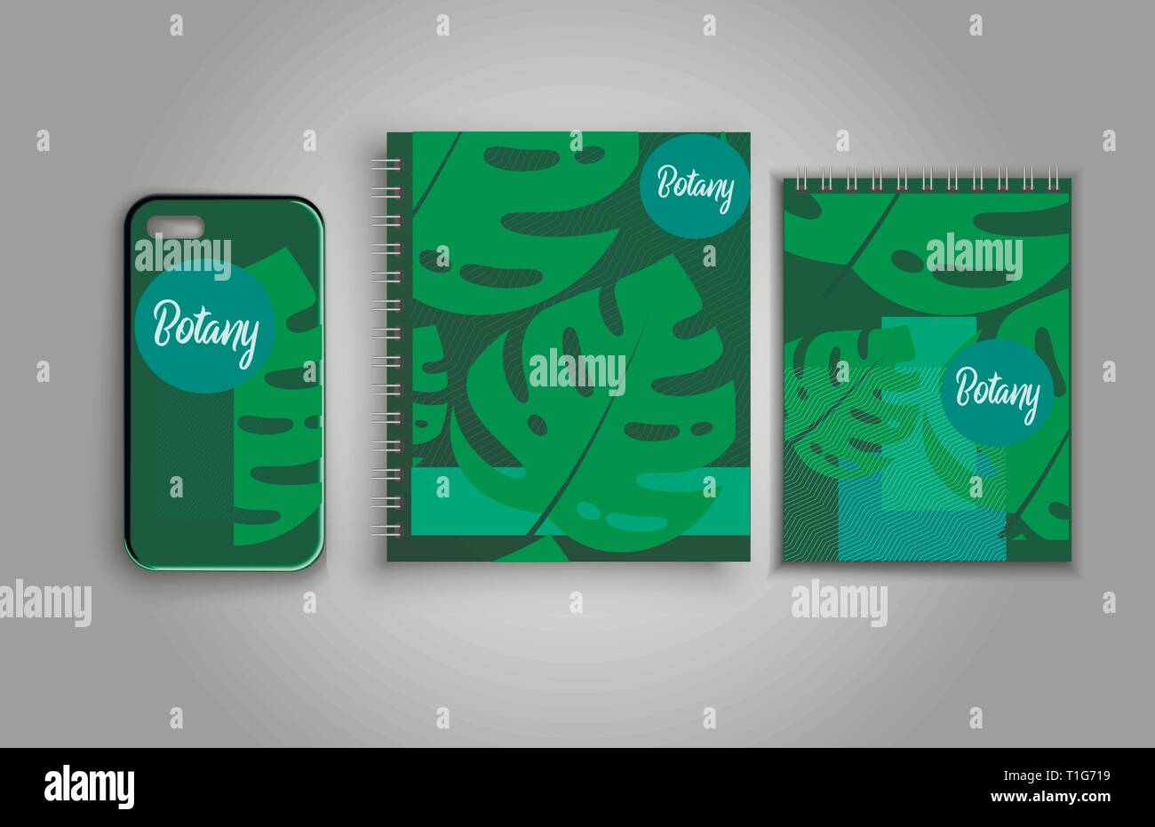 Drucken für das iPhone die und Notebooks auf eine Feder tropische Blätter auf einem grünen Hintergrund Stock Vektor