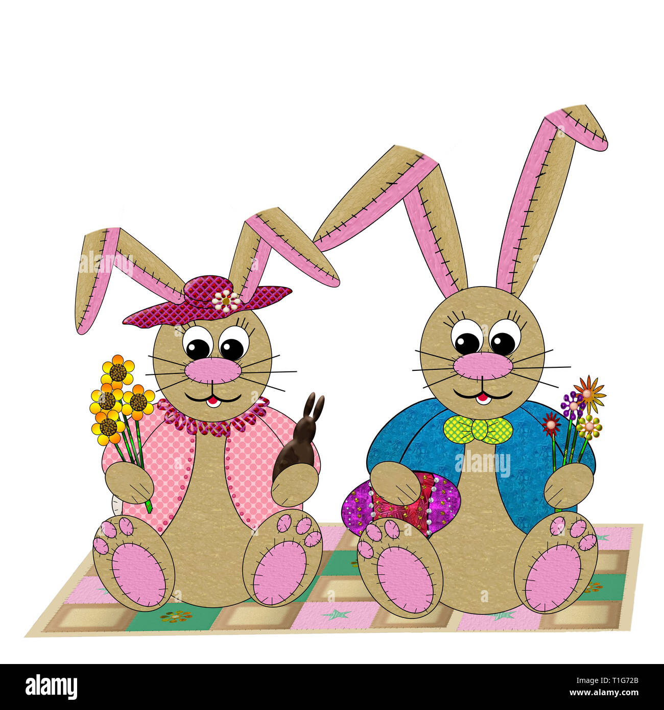 Grafik Stofftier Hase Kaninchen mit riesigen Ohren tragen, Blumen, Schokolade bunny oder Osterei. Ein Bild Hasen sitzen auf Patchwork Quilt. Stockfoto